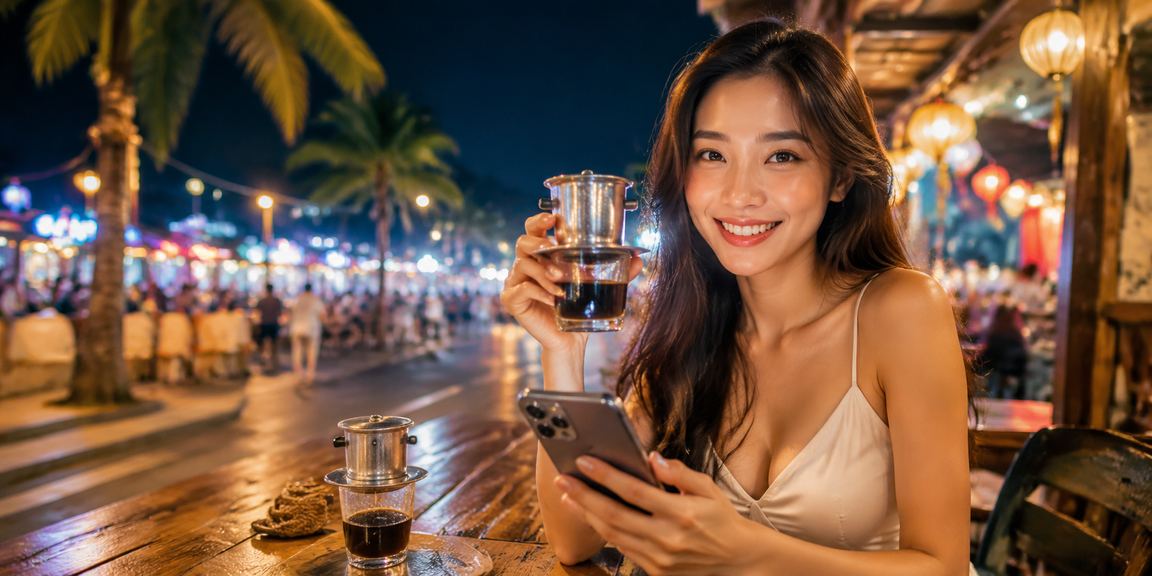 Người dùng trải nghiệm casino trên điện thoại bên ly cà phê Nha Trang